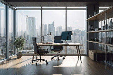 Fototapeta premium Modern beautiful office with desktop computers and landscape view - ai generative, ai, generative