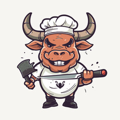 Cute cartoon wagyu chef with knife. Vector illustration on white background.