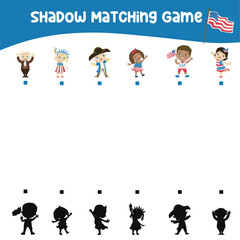 Fototapeta na wymiar Find the correct shadow. Matching shadow game for children with the character of kids celebrating USA Independence Day. Worksheet for kid. Educational printable worksheet. Vector illustration.