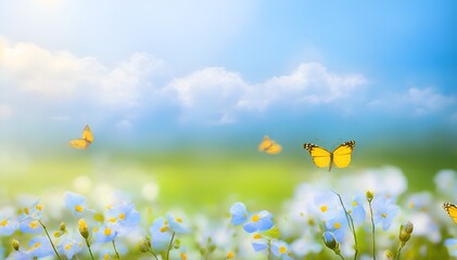 Nature with butterflies summer background with sun and flowers in the grass, beautiful wild flower garden type image.