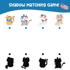 Find the correct shadow with cute and kawaii kittens in USA Independence Day costume. Matching shadow game for children. Worksheet for kid. Educational printable worksheet. Vector illustration.