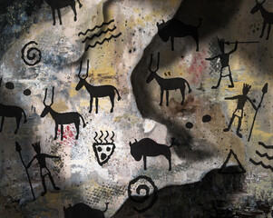 Semi abstract representation of primitive art on the wall of a cave.