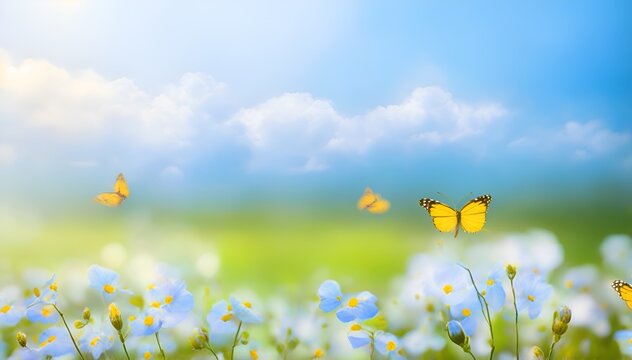 Nature with butterflies summer background with sun and flowers in the grass, beautiful wild flower garden type image.