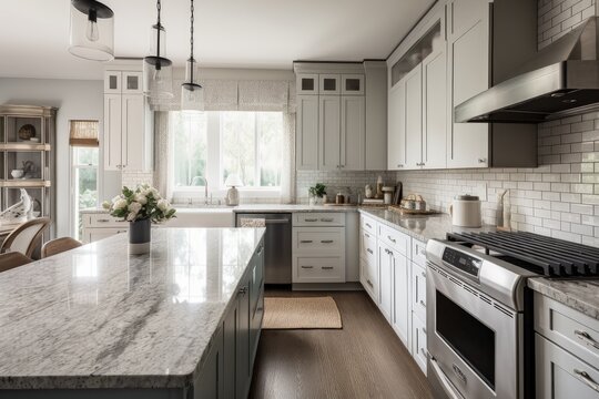 classic and timeless kitchen design with sleek appliances, granite countertops, and minimalist details, created with generative ai