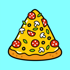 Cute funny piece of pizza. Vector hand drawn cartoon kawaii character illustration icon. Isolated on blue background. Pizza character concept