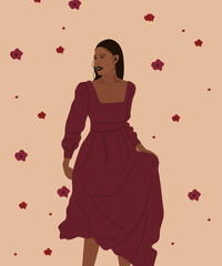 Obraz na płótnie Canvas A beautiful black girl with dark hair in burgundy long dress on beige background with big small flowers poppy for greeting cards posters banners
