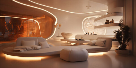 futuristic living room with panorama window and modern seating area, modern organic interior design, fictional interior created with generative ai