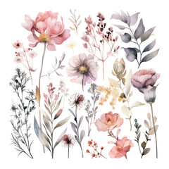 Set of watercolor flowers leaves and twigs on a white background