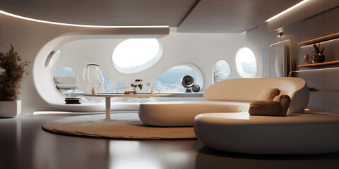 futuristic living room with panorama window and modern seating area, modern organic interior design, fictional interior created with generative ai