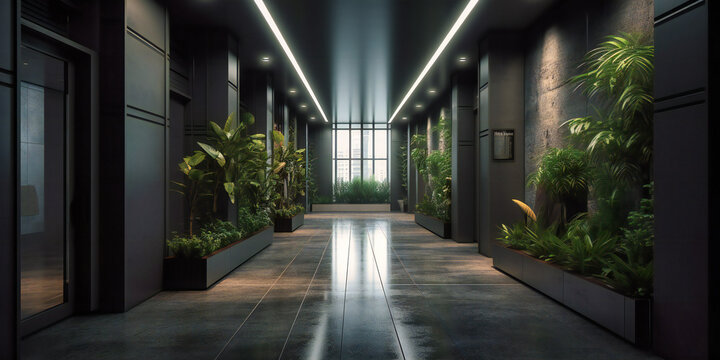 corridors at an office building with plants,