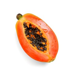 A fresh organic raw papaya cut in half for fruit salad with white background Generative AI Illustration