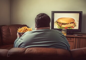 An obese man sitting on the couch eating fast food and watching television bad health habits Generative AI Illustration - obrazy, fototapety, plakaty