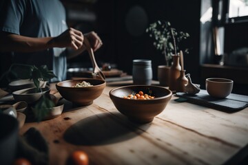 A Person Standing Over A Wooden Table With Bowls Of Food On It Kitchen Food Photography Food Writing Generative AI