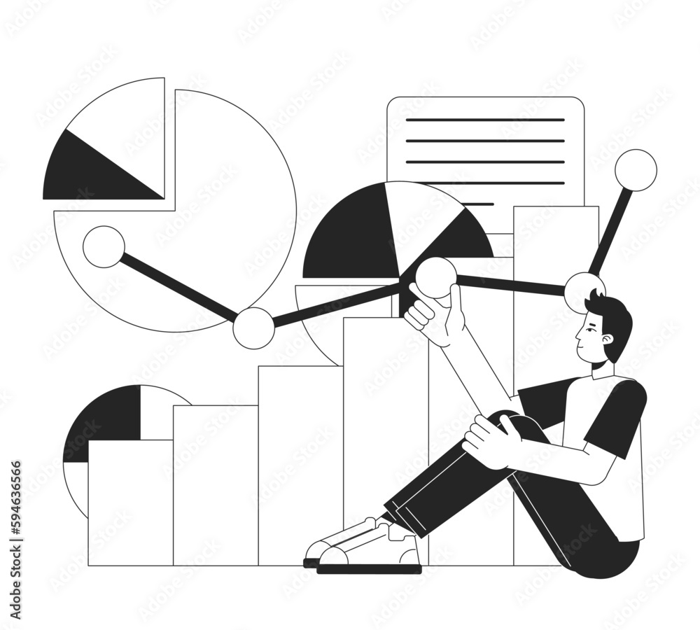 Poster optimize startup workflow bw concept vector spot illustration. cost control analyst 2d cartoon flat 