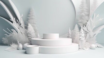 Podium, showcase on pastel stucco background. Abstract geometric composition with branch and shadow on the wall 3D render.. Created with generative AI