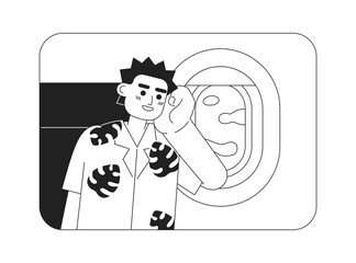 Traveling by plane on summer vacation 2D vector monochrome isolated spot illustration. Tourist flat hand drawn character on cartoon background. Thin line editable scene for website landing, mobile app
