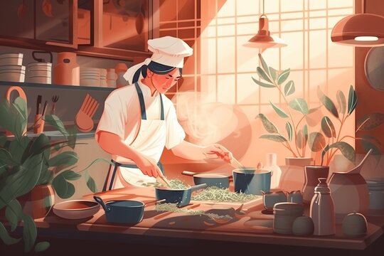 A Man Cooking In A Kitchen With A Pot And Pan On The Counter Kitchen Animation Cuisine Generative AI