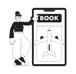 Booking flight over phone monochrome concept vector spot illustration. Editable 2D flat bw cartoon character for web UI design. Passenger purchasing hand drawn hero image. Jost Extrabold font used