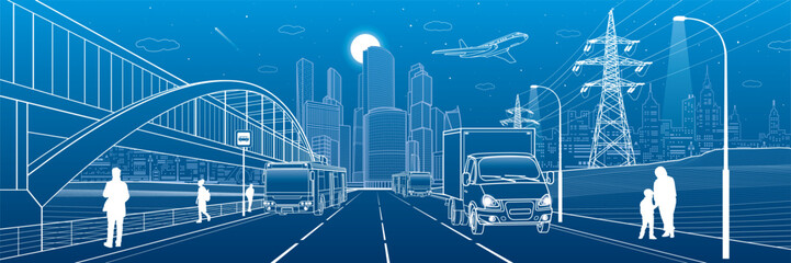 City transportation infrastructure illustration. Passengers get off the bus. people walk down the street. Energy pylons. Automotive highway. Cars move. Night town at background, vector design art