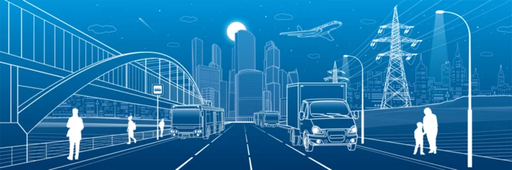 City transportation infrastructure illustration. Passengers get off the bus. people walk down the street. Energy pylons. Automotive highway. Cars move. Night town at background, vector design art © panimoni