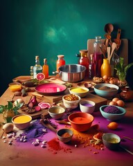 A Table With Bowls Of Food And Spices On It Including Eggs Spices And Other Ingredients Kitchen Food Photography Food Photography Generative AI