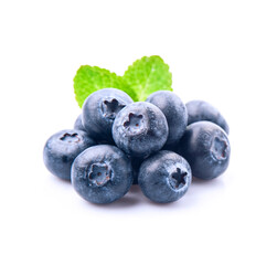 Sweet blueberries with mint leaves on white backgrounds