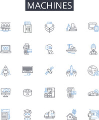 Machines line icons collection. Gearworks, Automatons, Mechanisms, Contraptions, Robotics, Engines, Apparatuses vector and linear illustration. Instruments,Devices,Tools outline signs set