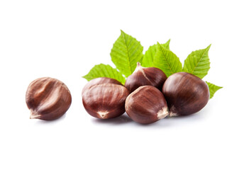 Chestnuts with leaves on white backgrounds.