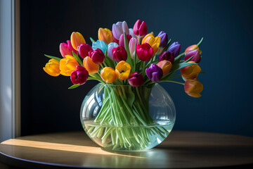 A round vase filled with a vibrant assortment of tulips, featuring hues of light sky-blue, purple, light yellow, and light orange, sits atop a table.