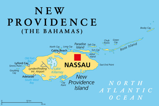 New Providence Island, political map, with Nassau, the capital of The Bahamas, an island country within the West Indies in the North Atlantic. The capital boundaries are coincident with the island.