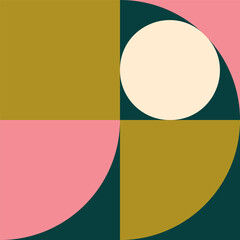 Modern vector abstract  geometric background with circles, rectangles and squares  in retro Scandinavian style. Pastel colored simple shapes graphic pattern. - 594638507