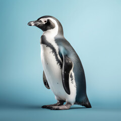 penguin standing isolated on light blue studio background, made with generative ai