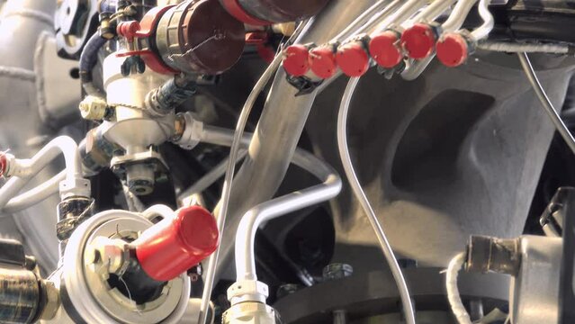 Rocket engine of soviet rocket from 1960s. 1970s. Close-up view.