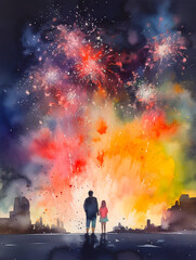 夏祭りで花火を眺める親子,  with Generative AI