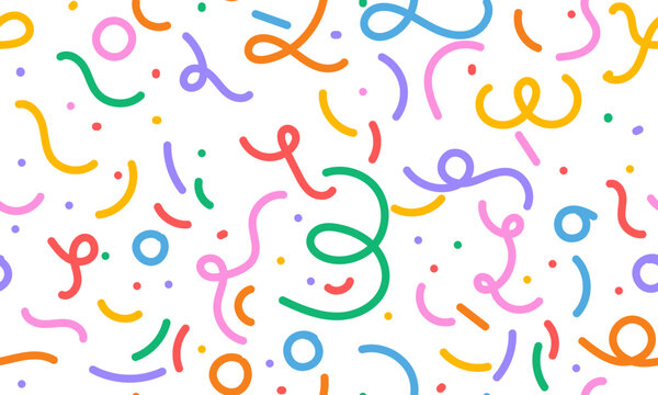 Fun colorful line doodle seamless pattern. Creative minimalist style art background for children or trendy design with basic shapes. Simple childish scribble backdrop