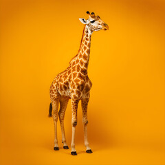 giraffe standing isolated on orange yellow studio background, made with generative ai