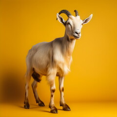 goat with horns isolated on yellow studio background, made with generative ai