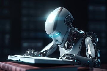 A robot man with artificial intelligence reads books and writes in a notebook, generative AI.