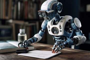 Fototapeta premium A robot man with artificial intelligence reads books and writes in a notebook,generative AI.