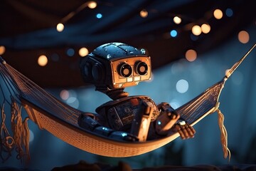 An old-fashioned robot swings in a hammock against the backdrop of bright holiday lights, generative AI.