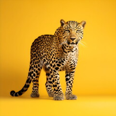 leopard standing isolated on yellow studio background, made with generative ai