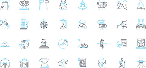 Mountain meadow linear icons set. Blissful, Alpine, Meadowsweet, Pristine, Scenic, Wildflowers, Picturesque line vector and concept signs. Serene,Tranquil,Lush outline illustrations