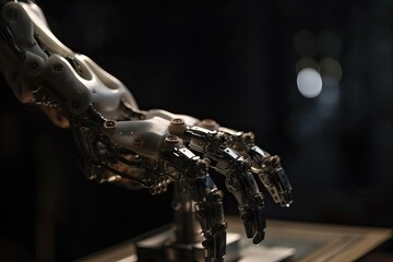 One robot hand close-up on a black background, generative AI.
