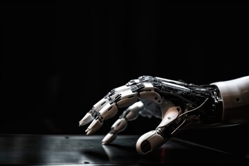 Fototapeta na wymiar One robot hand close-up on a black background, generative AI.