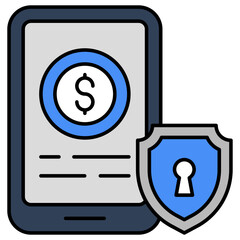 Dollar inside smartphone with shield, icon of secure mobile money