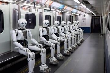 Fototapeta premium A group of robots with artificial intelligence are traveling in a subway car, generative AI.