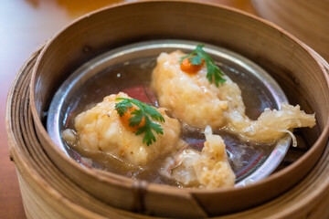 Luxury Shrimp Dim Sum with Broth in Bamboo Steamer