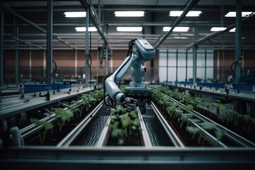 Fototapeta premium A mechanized and computerized method of planting plant seedlings in a greenhouse with the help of robots, generative AI.