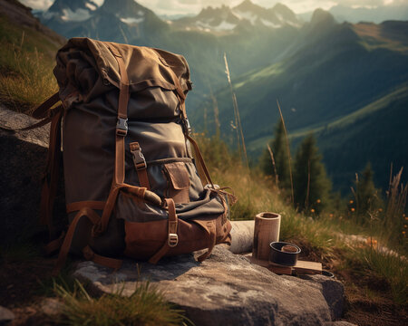 Wanderrucksack bei einer kurzen Pause in den Bergen, generative AI
