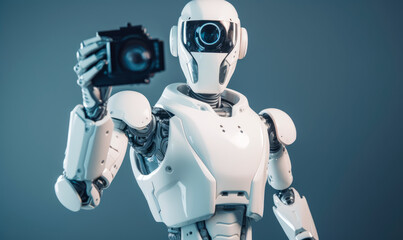 Futuristic android cyborg photographer holding  a digital camera. Generative AI